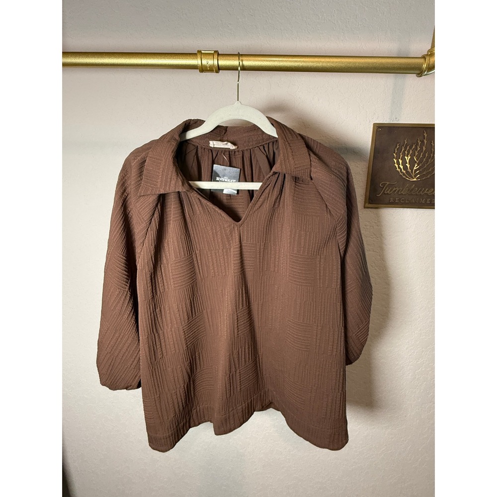 Umgee Brown Textured Grid V-Neck Blouse Relaxed Fit C5445 Size M